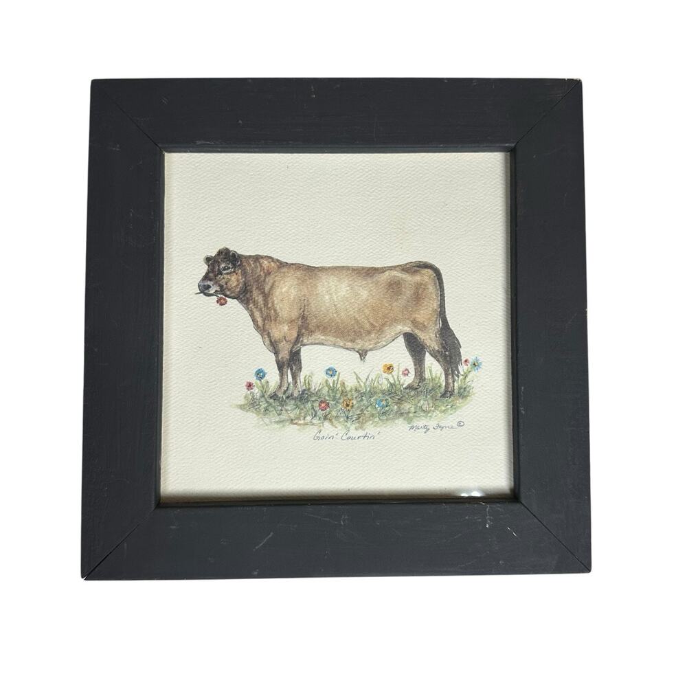 Marty Fyne Wood Framed Signed Cow in Field Art Print Goin Courtin Whimsical Farm